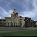 European Style Architectural Building With Golden Dome White Facade Columns And Plaza Greenery