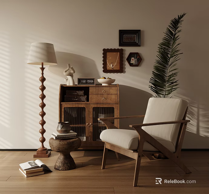 Cozy Accent Chair In Living Room With Wooden Bookshelf Floor Lamp And Potted Plant 3d model 