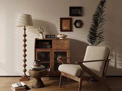 Cozy Accent Chair In Living Room With Wooden Bookshelf Floor Lamp And Potted Plant 3d model