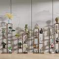 Wooden Multi Tiered Display Shelves With Small Garden Decor Miniature Bonsai And Potted Plants