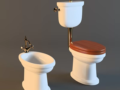 White Ceramic Toilet With Wooden Seat And Bidet In Bathroom Interior Design 3d model
