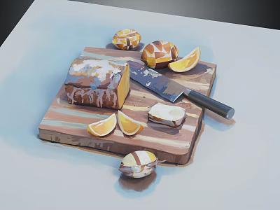 Fresh Frosted Bread Loaf With Sliced Citrus Fruits Small Pastries And Knife On Wooden Board 3d model