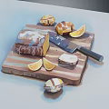 Fresh Frosted Bread Loaf With Sliced Citrus Fruits Small Pastries And Knife On Wooden Board