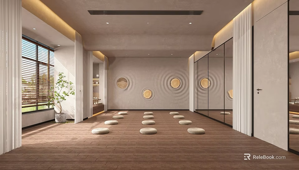 Tranquil Indoor Yoga Space With Arranged Mats And Decor 3d model 
