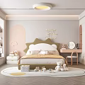 Soft Pink And Grey Kids Bedroom Interior With Upholstered Bed Toys Bookshelf And Round Rug