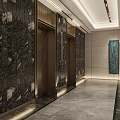 Modern Elevator Hallway With Marble Walls Dark Marble Floor Linear Lights And Greenery 3d model