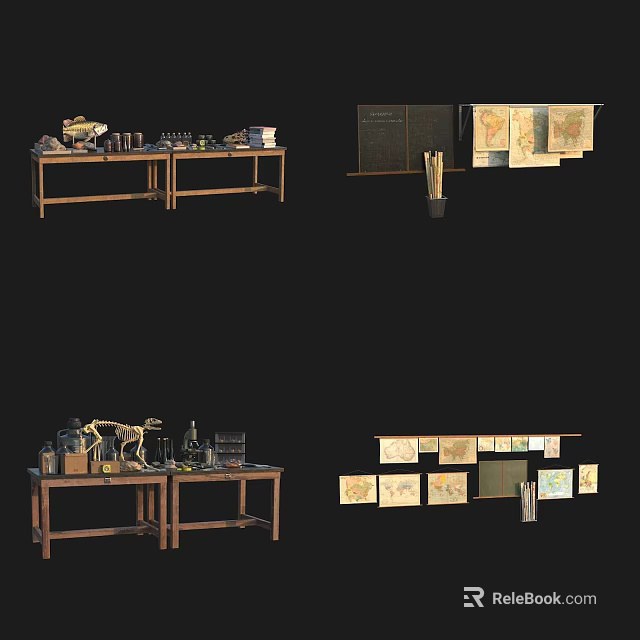 Laboratory Setup With Wooden Tables Equipment Skeleton Model Maps And Blackboard 3d model 