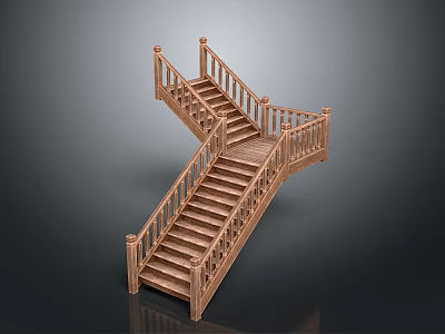 Wooden Cross Staircase Interior Design With Sturdy Handrails And Steps 3d model