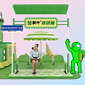 Green Ice Cream Truck With Ice Cream Dessert Decorations And Striped Umbrella Outdoor