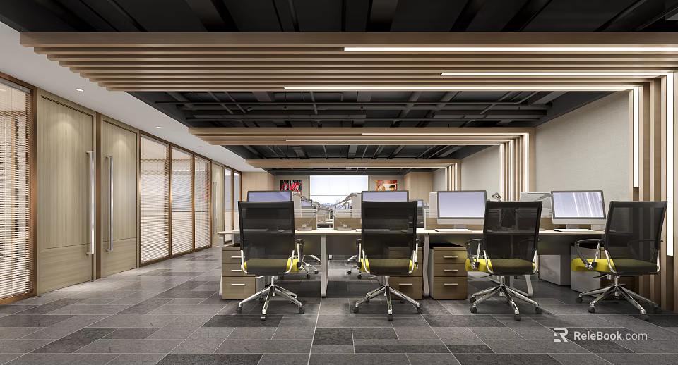 Modern Public Office Space With Open Design Work Desks Computers And Office Chairs 3d model 