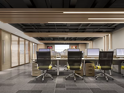 Modern Public Office Space With Open Design Work Desks Computers And Office Chairs 3d model