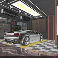 White Sports Car Parked In Indoor Workshop With Yellow Checkered Floor And Tools