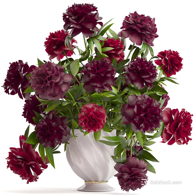 Elegant Decorative Ornament Set with Burgundy Purple Flowers and Green Leaves in White Vase 3d model 
