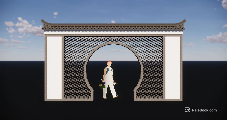 Chinese Scenic Wall with Circular Archway Lattice and Person in White Walking Holding Flower Bouquet 3d model 