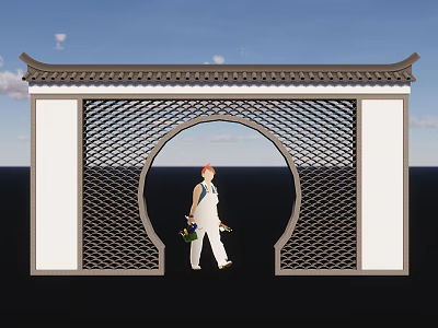 Chinese Scenic Wall with Circular Archway Lattice and Person in White Walking Holding Flower Bouquet 3d model