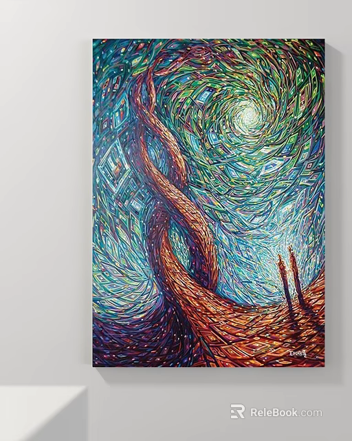 Vibrant Abstract Painting With Spiral Twisted Forms And Starry Elements 3d model 