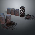 Household Storage Cans With Textured Surfaces And Broken Ceramic Shards Arrangement Design 3d model