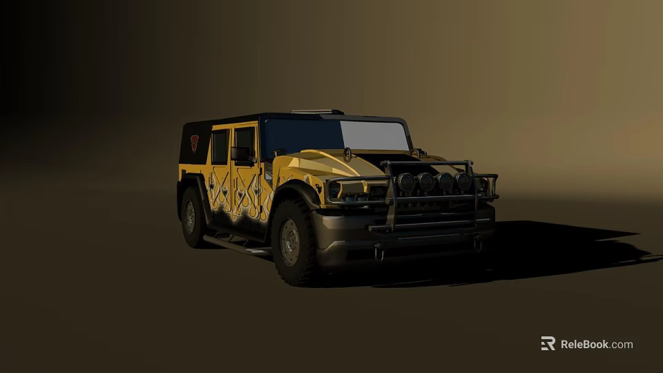 Yellow Hummer Vehicle With Black Roof Side Graphics And Rugged Front Grille Style 3d model 
