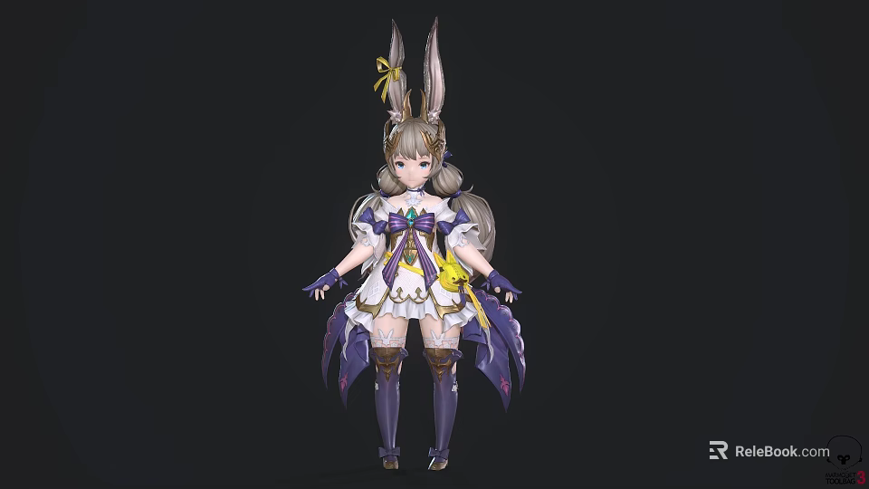 Cute Anime Game Character With Bunny Ears Twintails And Purple White Outfit 3d model 