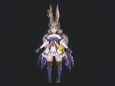 Cute Anime Game Character With Bunny Ears Twintails And Purple White Outfit 3d model
