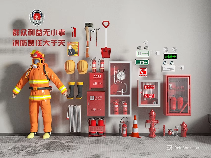 Essential Fire Safety Equipment Including Firefighter Uniform Helmets Extinguishers Hydrants Axes And Hoses 3d model 