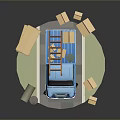 Small Blue Cargo Van With Boxes In Cargo Area Scattered Cardboard Boxes And Barrels Nearby