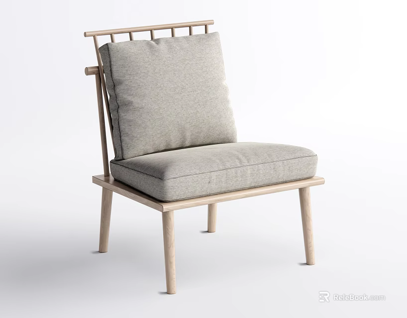 Modern Accent Chair With Wooden Frame Slatted Backrest And Light Gray Fabric Cushion 3d model 