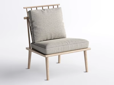 Modern Accent Chair With Wooden Frame Slatted Backrest And Light Gray Fabric Cushion 3d model
