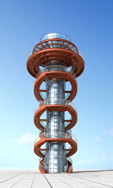 Modern Tower with Red Spiral Staircase and Transparent Glass Structure Under Blue Sky 3d model 