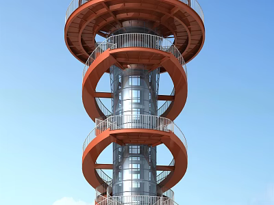 Modern Tower with Red Spiral Staircase and Transparent Glass Structure Under Blue Sky 3d model