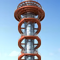 Modern Tower with Red Spiral Staircase and Transparent Glass Structure Under Blue Sky