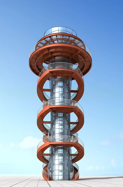 Modern Tower with Red Spiral Staircase and Transparent Glass Structure Under Blue Sky 3d model