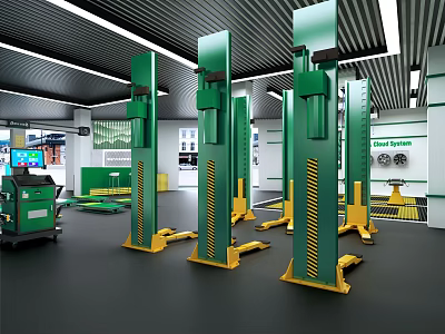 4S Dealership Modern Service Workshop With Green Car Lifts And Equipment 3d model