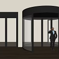 Businessman In Suit Talking On Phone By Revolving Door And Double Doors