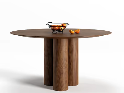 Round Wooden Dining Table With Three Legs And Metal Fruit Basket With Oranges 3d model