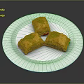 Three Square Crispy Pastry Desserts With Green Topping On White Plate 3d model