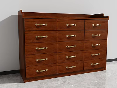 Wooden Tea Cabinet With Multiple Drawers And Golden Handles Against White Wall On Gray Floor 3d model