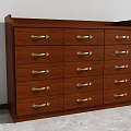 Wooden Tea Cabinet With Multiple Drawers And Golden Handles Against White Wall On Gray Floor