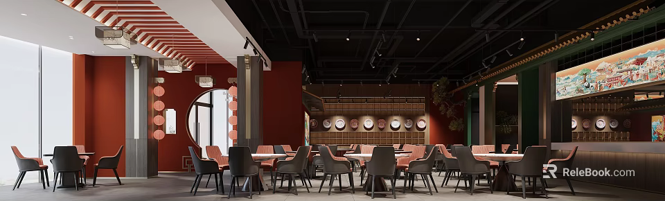 Modern Hot Pot Restaurant Interior With Red Walls And Decorative Plates 3d model