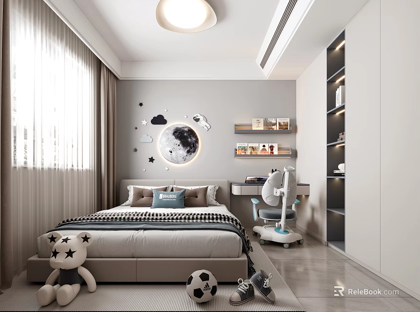 Modern Kids Room Interior With Moon Cloud Decorations Bed Bookshelves Desk And Stuffed Toys 3d model 