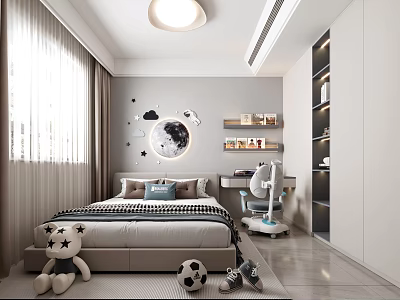 Modern Kids Room Interior With Moon Cloud Decorations Bed Bookshelves Desk And Stuffed Toys 3d model