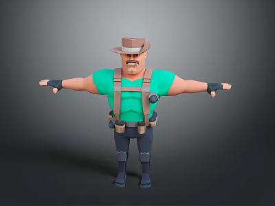 Cartoon Adventure Character In Green Shirt With Brown Hat Suspenders Utility Belt And Open Arms 3d model
