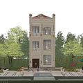 Three Story Beige Detached Villa With Red Roof European Style Surrounded By Green Trees