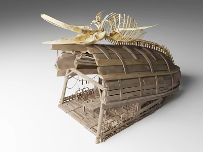 Unique Wooden House With Open Railings And Large Fish Skeleton Roof Structure 3d model