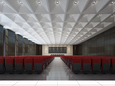 Modern Conference Room With Red Seats Geometric Ceiling And Large Screen 3d model