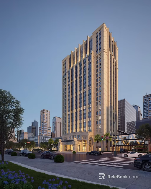 Modern High Rise Office Building with Glass Windows and Urban Landscape Surrounded by Trees 3d model 