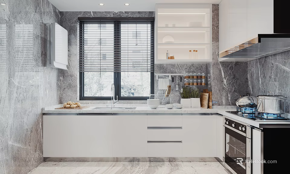 Modern Kitchen Interior With White Cabinets Marble Walls Window Sink Oven And Stove 3d model 