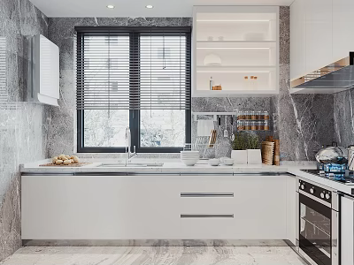 Modern Kitchen Interior With White Cabinets Marble Walls Window Sink Oven And Stove 3d model