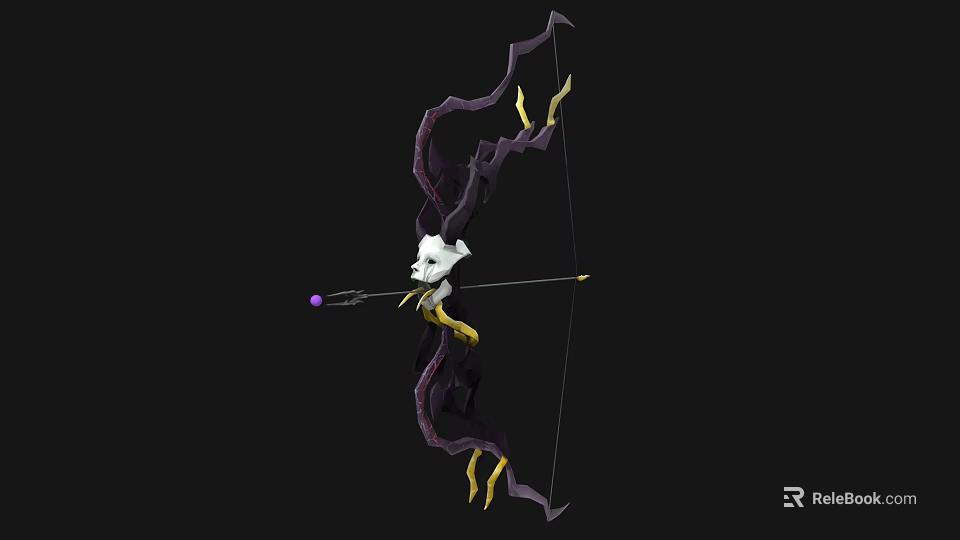 Ornate Bow With Purple Gold Accents Skull Emblem And Arrow With Purple Tip 3d model 