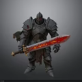 Man Wearing Broken Bloodstained Armor Holding Flaming Red Sword